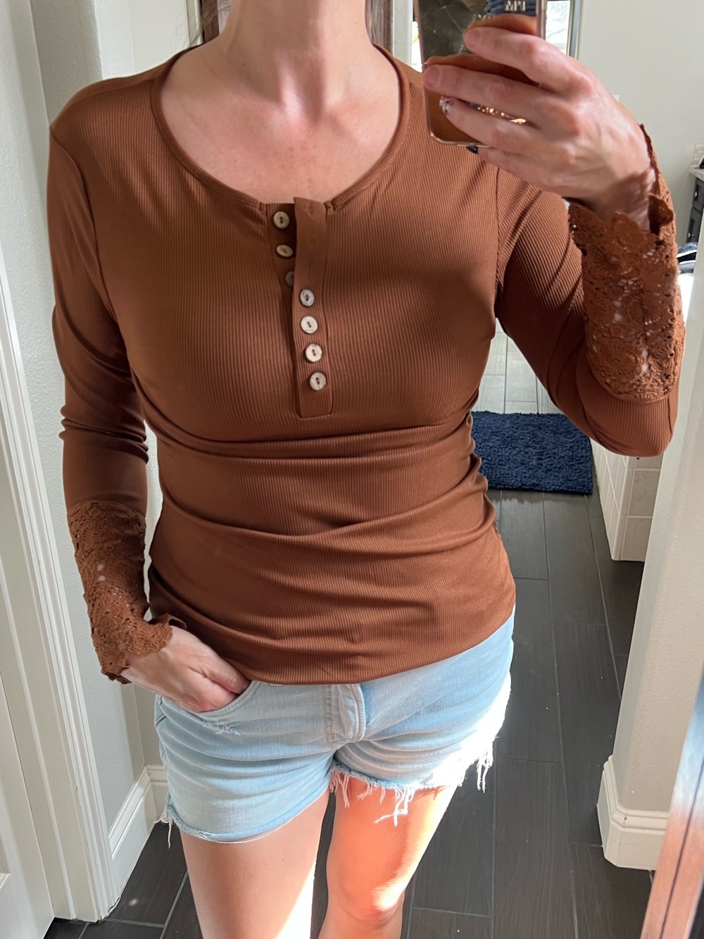 Women's Brown Lace-Cuff Henley Long Sleeve Top